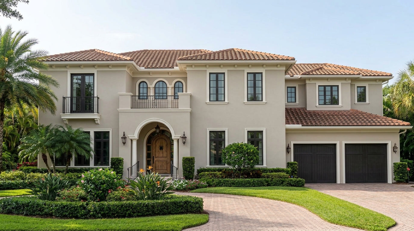 The same two-story stucco home with a fresh, clean exterior finish after refinishing