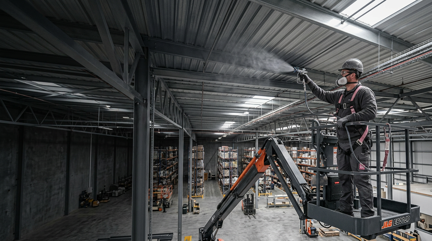 Painter in a boom lift spray painting a warehouse ceiling